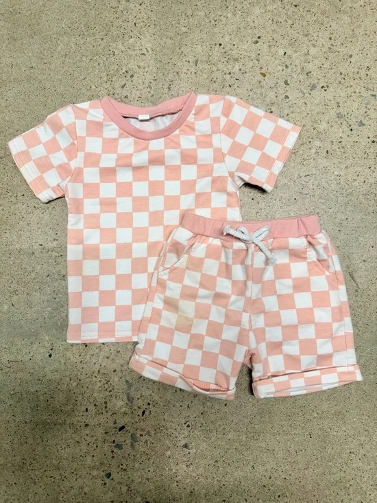 Kids Pink Checkerboard Short Set - Short Sleeve Tee & Drawstring Shorts (18-24) - Picture 1 of 4